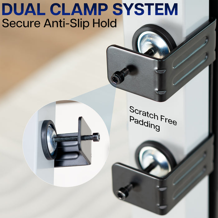 Clamp-on PC mount secures to desk legs for convenient placement.