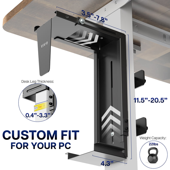 Clamp-on PC mount secures to desk legs for convenient placement.