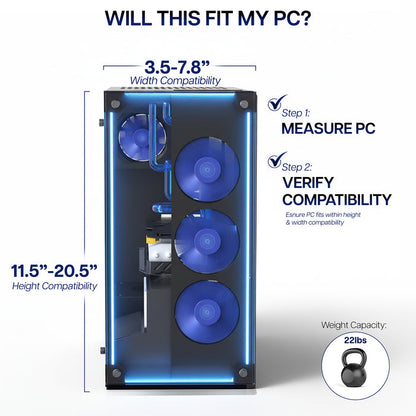 Computer case with compatibility measurements and features on a white background