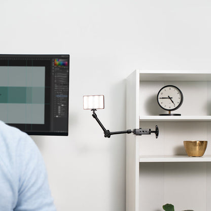 Desk mount with many mounting options on the side of a shelf vertically or horizontally.