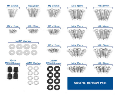 Organized universal hardware pack containing bolts, washers, and spacers.