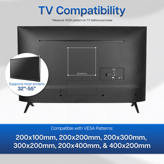 Back view of a TV with VESA pattern information on a gray background