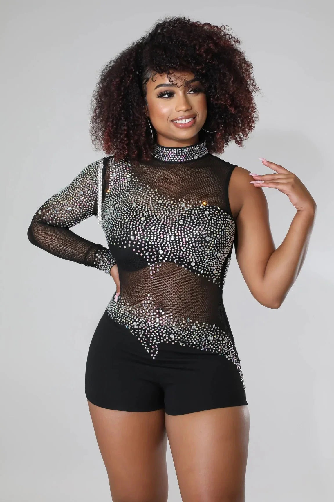 I Want to Hear More Black Rhinestone Romper with Mesh Detail