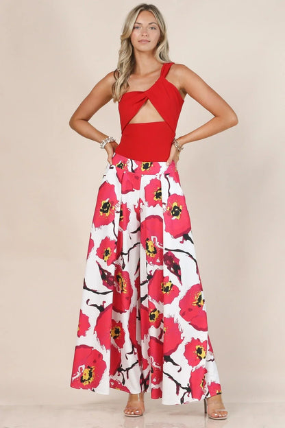 Big Red Flower Print Wide Leg Palazzo Pants